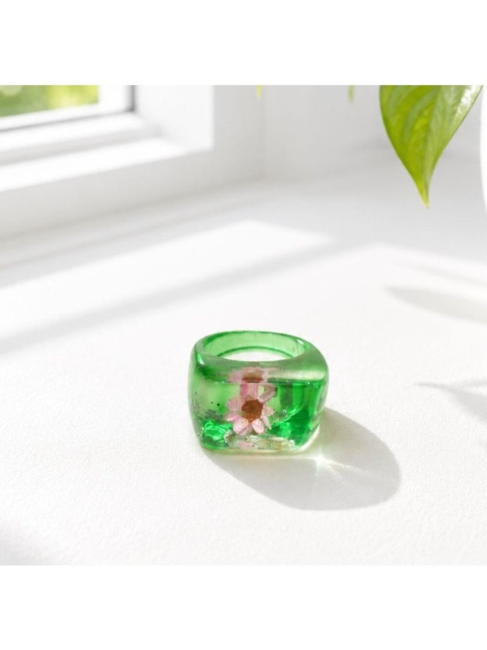 Handmade Green Resin Ring With Embedded Pink Flower Design Square Shape Size 8 U